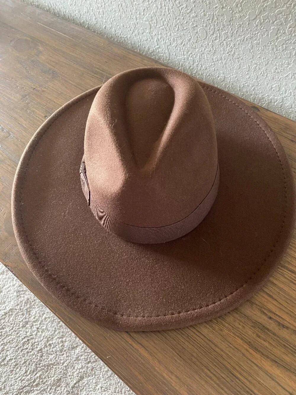 Cato Chocolate Brown Felt Fedora Hat - Wide Brim Boho Ribbon Band Adjustable OS
